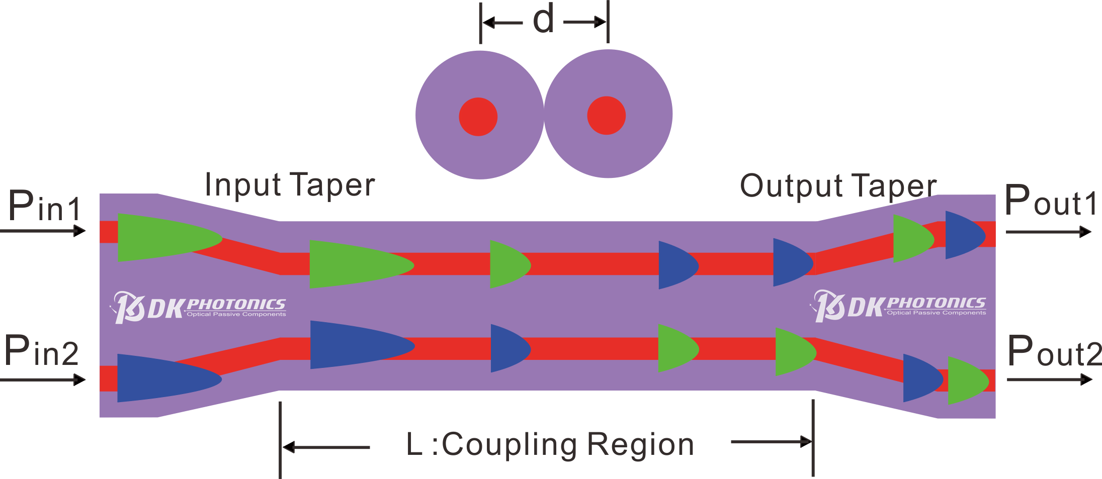 Schematic diagram of regional structure and optical coupling distribution of fused taper